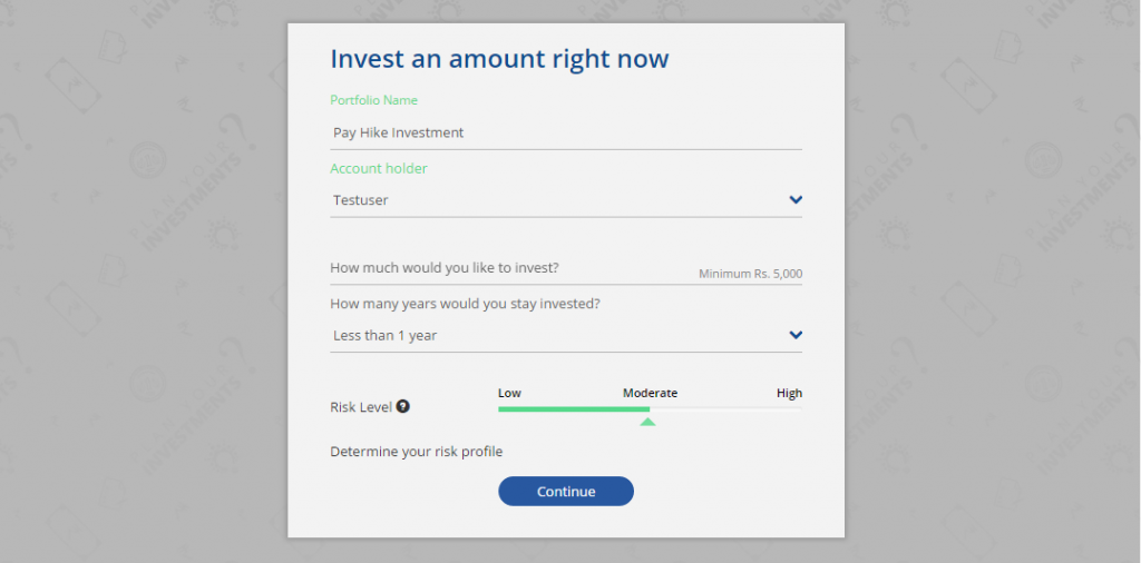 Money Mitr screen for lump sum investing in mutual funds