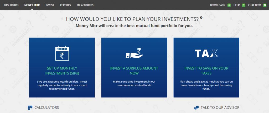 Money Mitr Home screen of Money Mitr - FundsIndia's robo-advisory (automated investment advisory) service