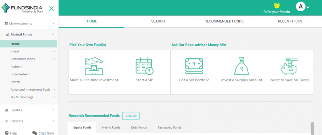 FundsIndia's revamped mutual fund homepage