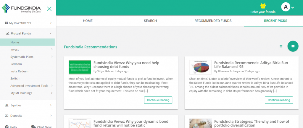 The recent research recommendations section in FundsIndia's mutual fund home page